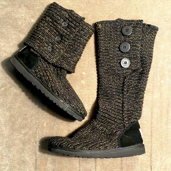 UGG Shoes - UGG Classic Cardy Knit Gold & Black Sweater Boots Size 6